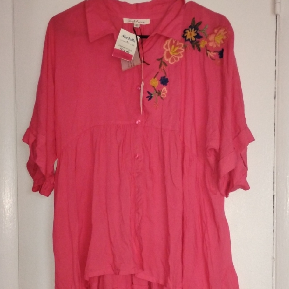 Alfani Pink Embellished 3/4 Sleeve Polo Blouse